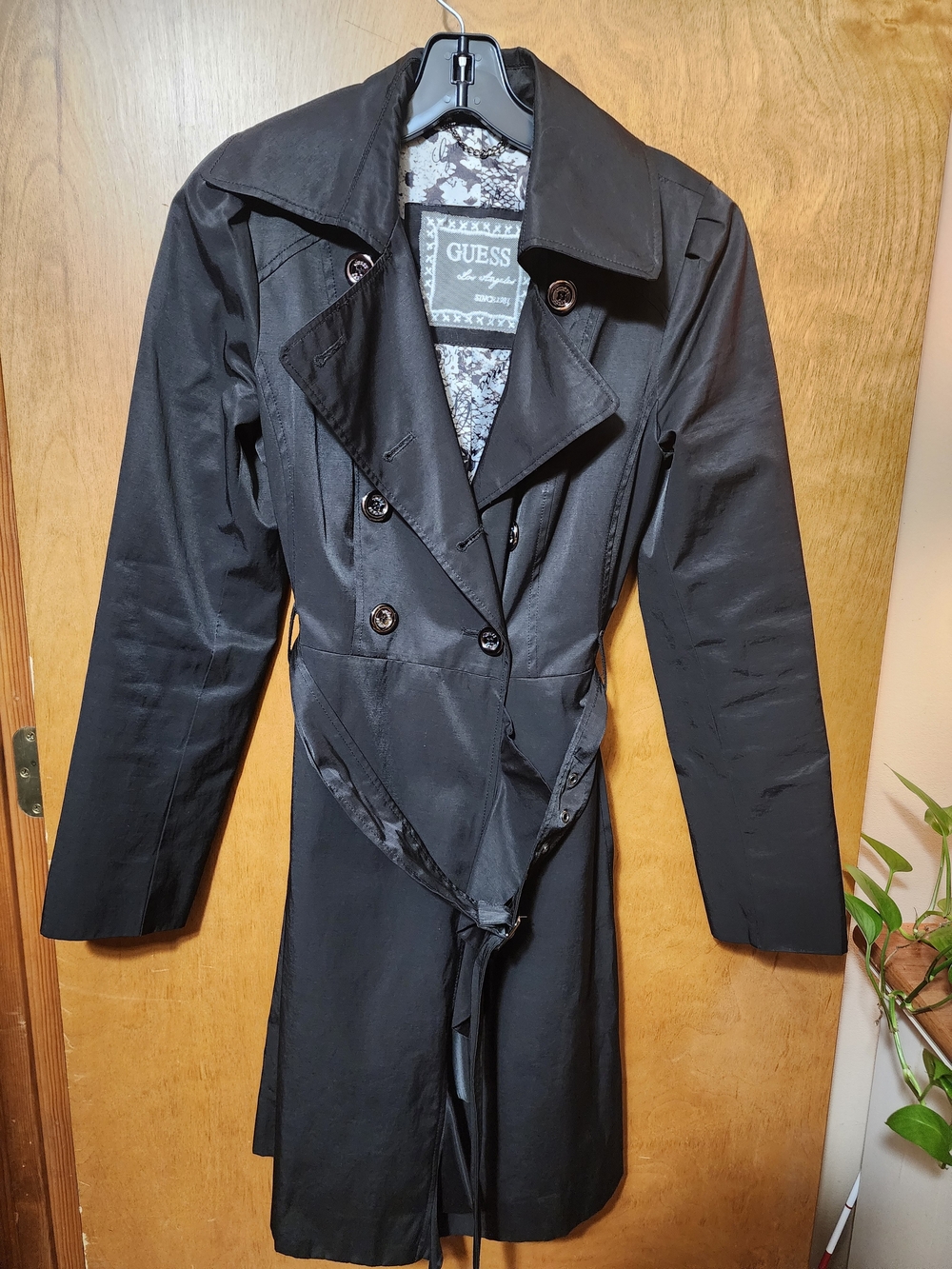 GUESS Los Angeles Black Double Breasted Belted Trench Coat Size S Floral Lining